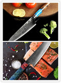 8-piece kitchen knife set with additional Damascus and high carbon steel knives in black and wood colours