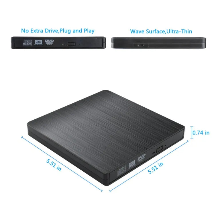 External optical disk drive in black with USB 2.0 and 3.0 support for DVD burning