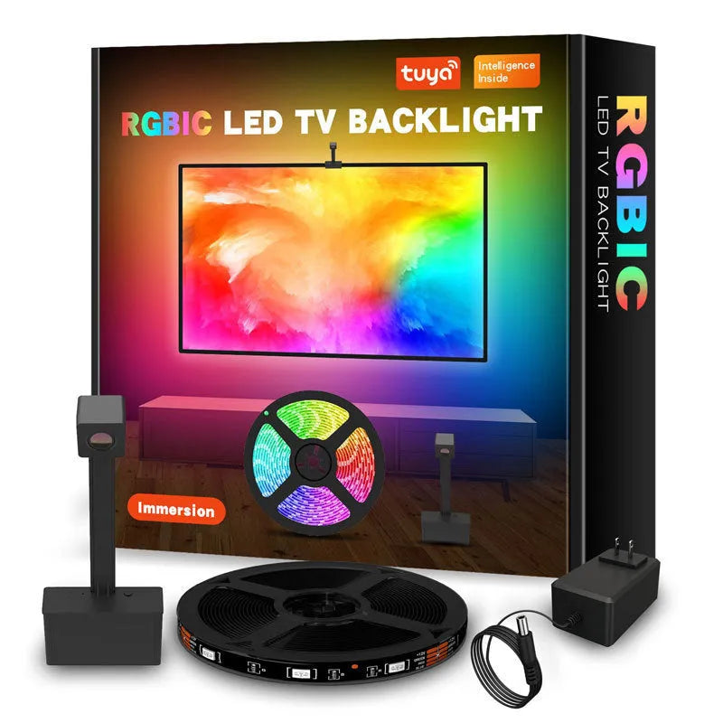 Smart TV LED backlight strip with camera for syncing colours, showing remote and app control.