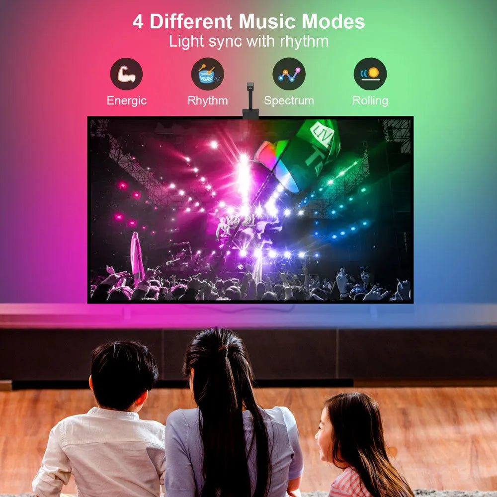 Smart TV LED backlight strip with camera for syncing colours, showing remote and app control.