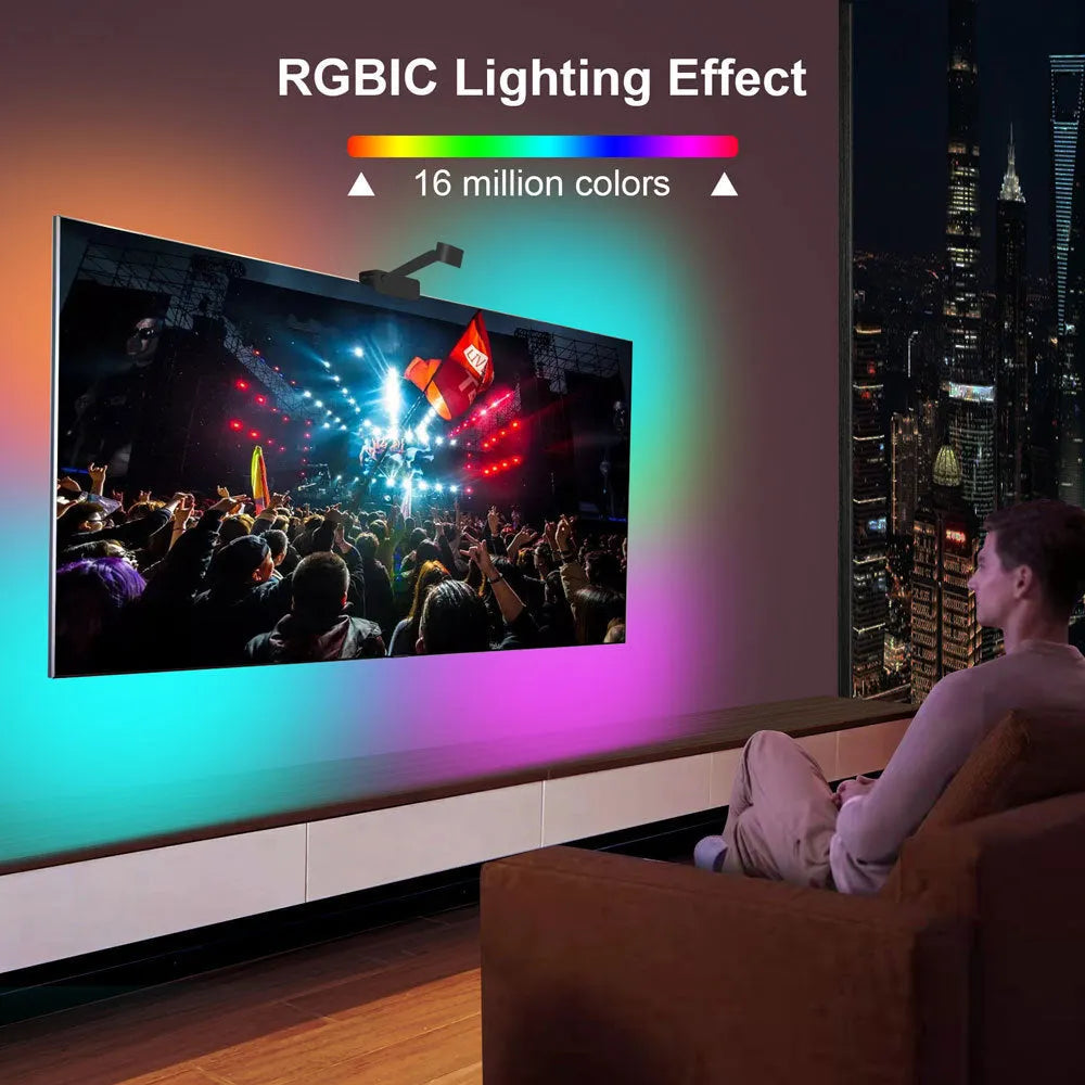 Smart TV LED backlight strip with camera for syncing colours, showing remote and app control.