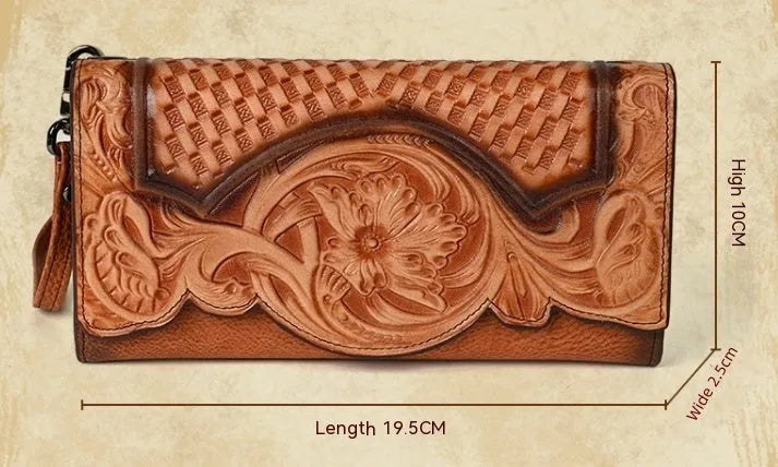 Chinese style embossed tri-fold leather wallet in retro brown colour showing floral pattern