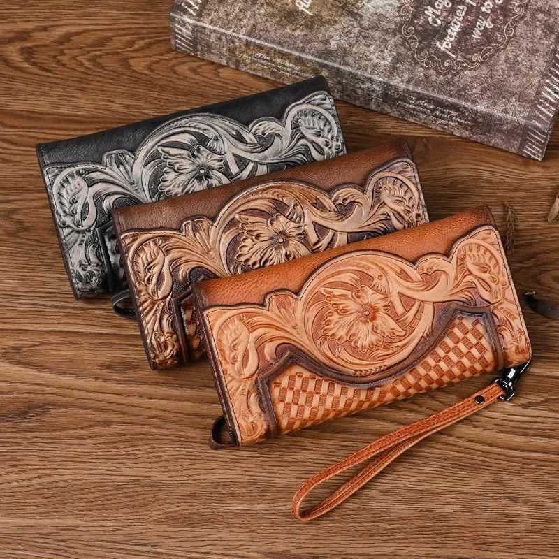 Chinese style embossed tri-fold leather wallet in retro brown colour showing floral pattern