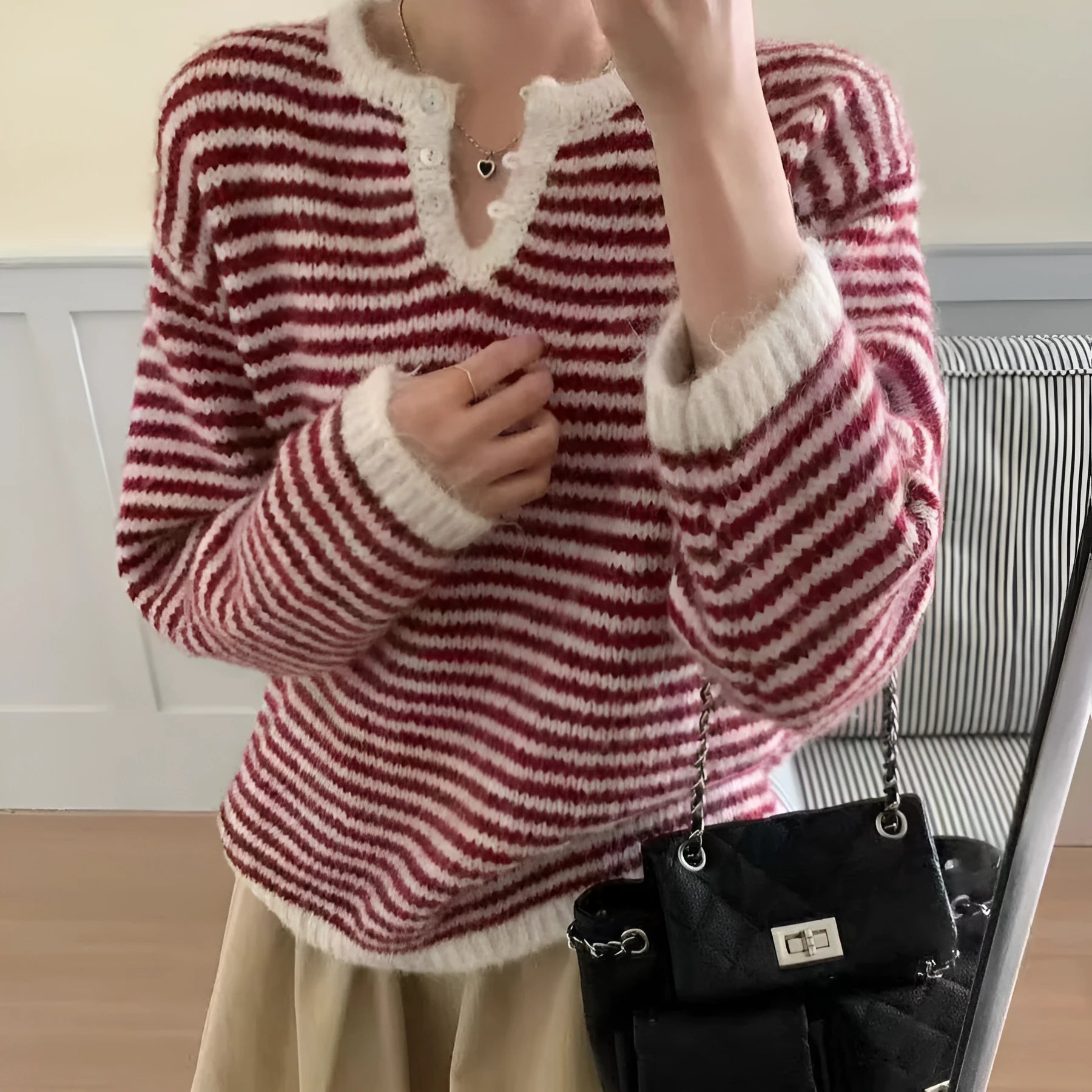 Blue striped cashmere sweater with retro design and loose fit for women