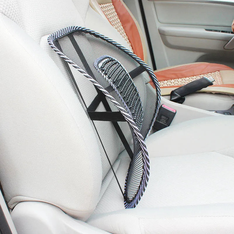 Black lumbar support pillow with steel wire frame, 41x39cm for car and office use