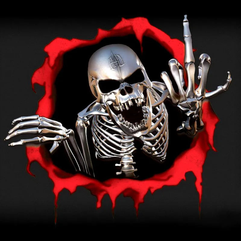 Reflective metal skull car sticker with colourful broken shell pattern measuring 15 by 14 centimetres