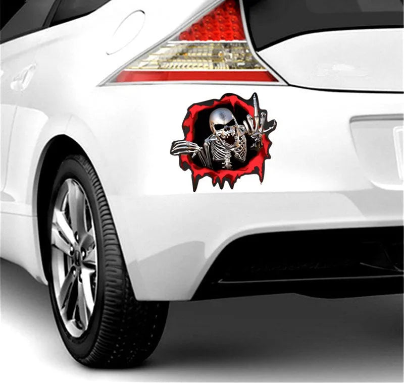 Reflective metal skull car sticker with colourful broken shell pattern measuring 15 by 14 centimetres
