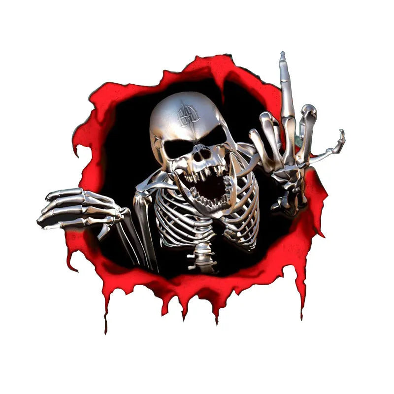 Reflective metal skull car sticker with colourful broken shell pattern measuring 15 by 14 centimetres