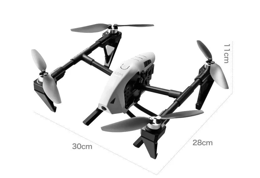 White KS66 alloy UAV drone with camera and remote control on grass, spare propellers and storage bag shown alongside.
