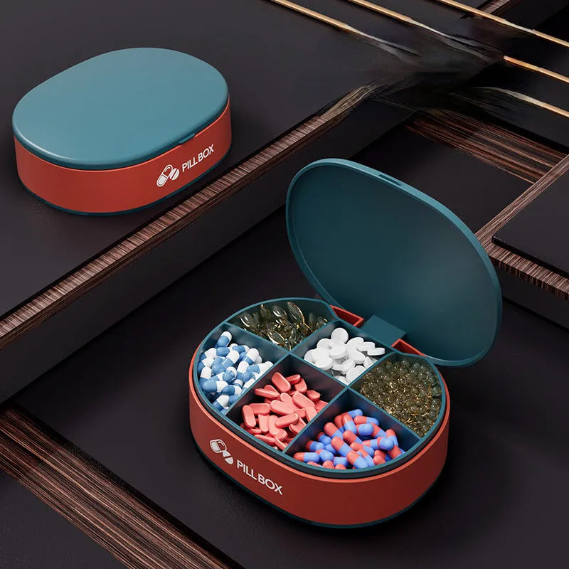 6-compartment portable pill case in dark blue with silicone ring seal and outer lock