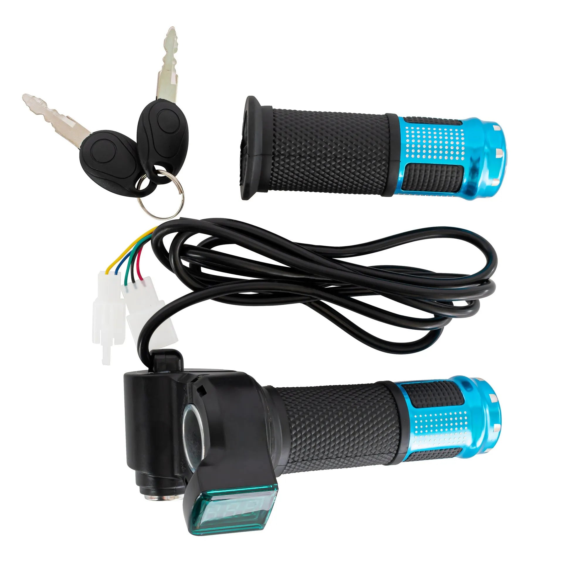Electric vehicle handlebar control unit in blue, red, silver, and yellow colour options with 5-core wiring