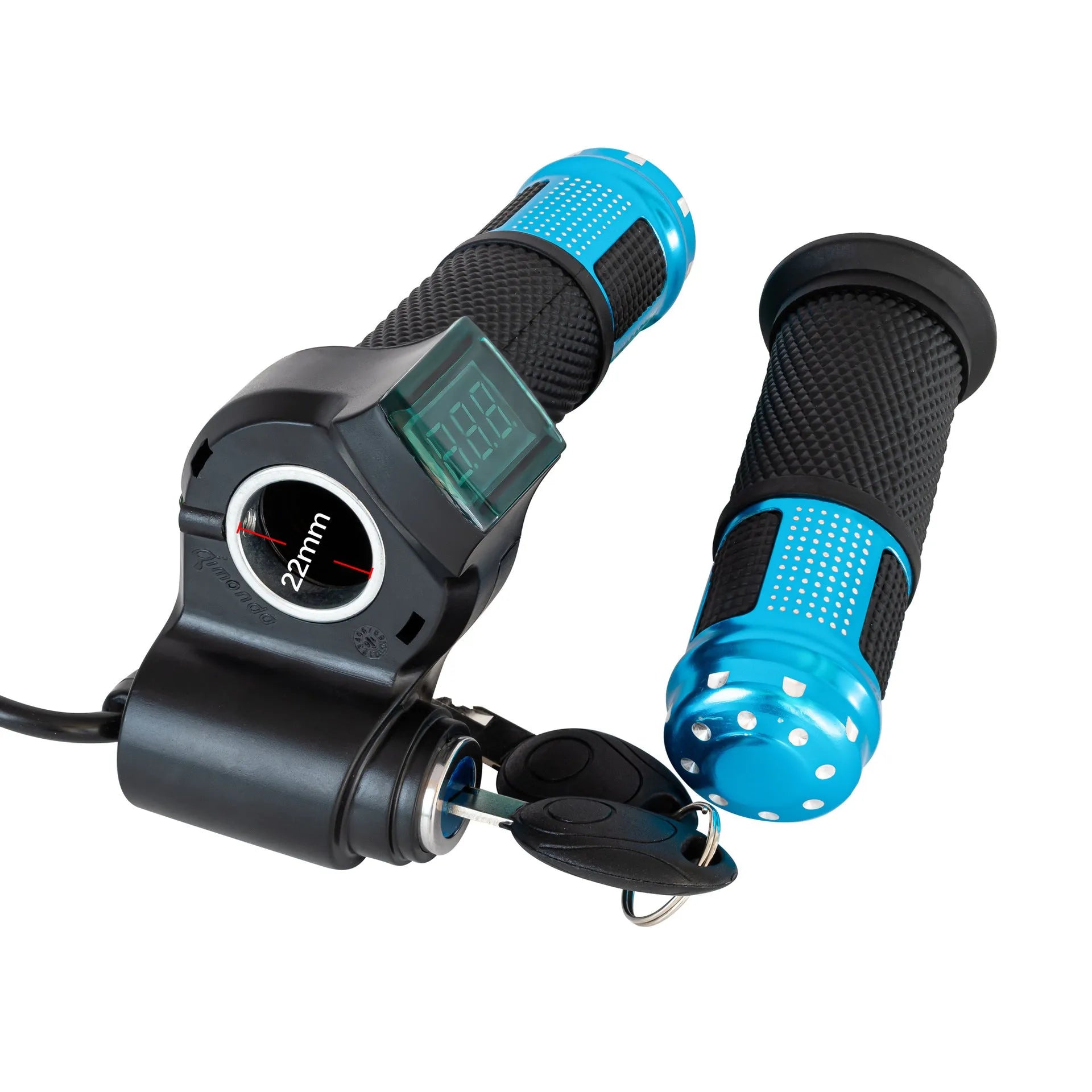 Electric vehicle handlebar control unit in blue, red, silver, and yellow colour options with 5-core wiring