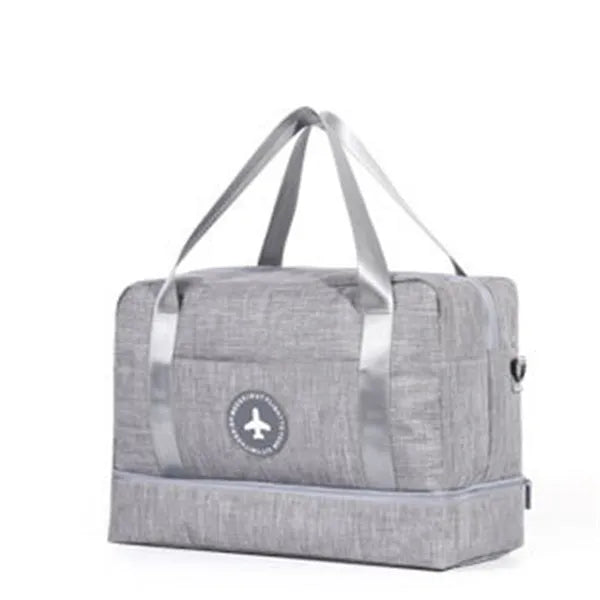 Dry and wet separation travel bag in purple made of waterproof cationic Oxford cloth, showing cube shape with double chambers