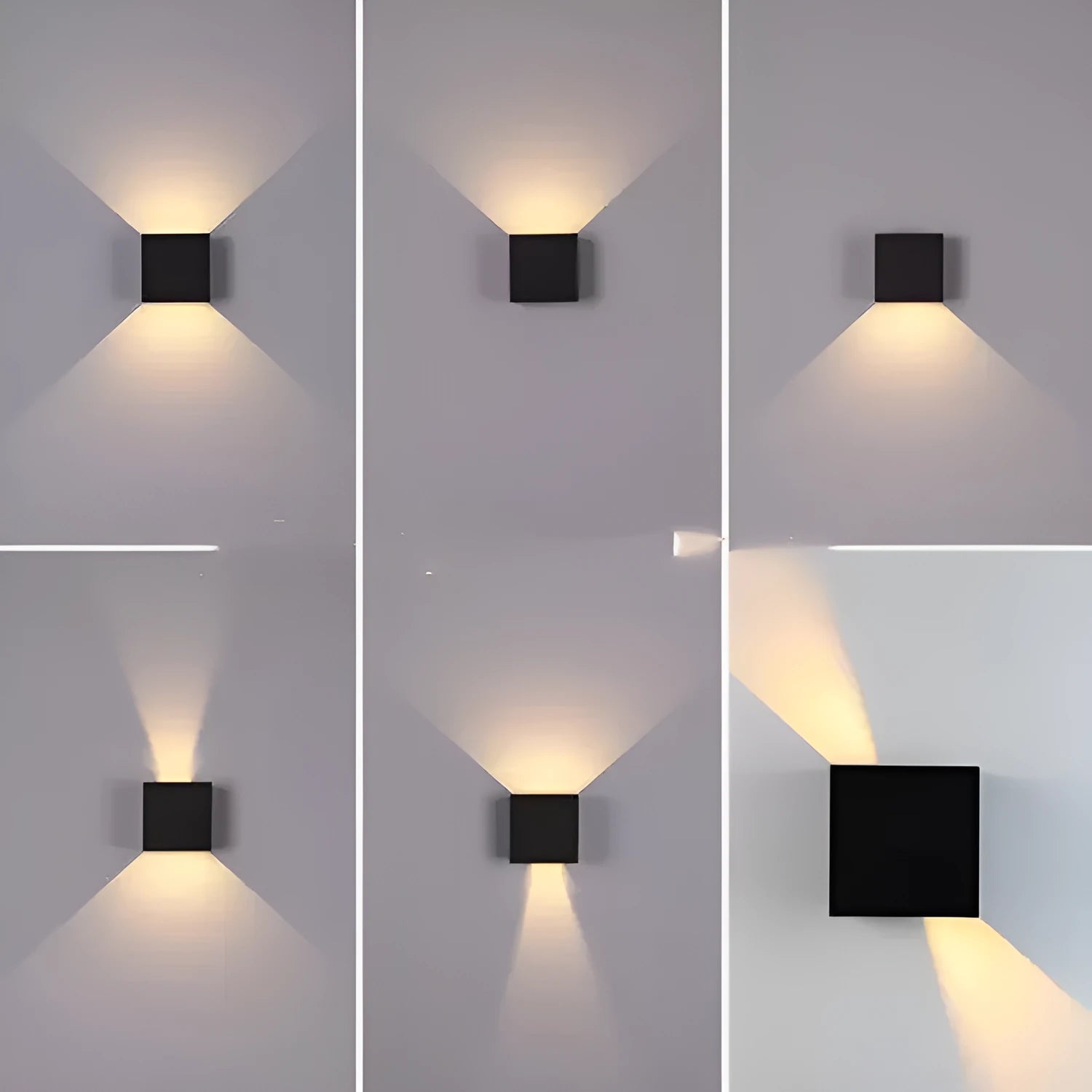 Square black aluminium wall lamp with 360-degree light output mounted on a corridor wall.