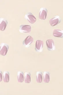 White false nails with black plaid pattern design, 24 piece acrylic nail tips set