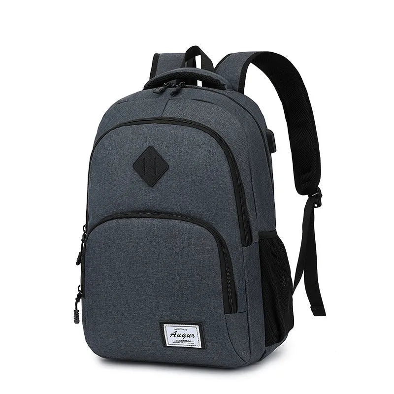 Nylon backpack with USB charging port in black colour showing dimensions and trolley strap