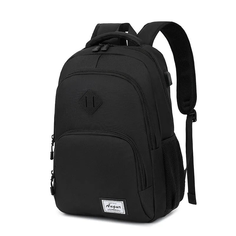 Nylon backpack with USB charging port in black colour showing dimensions and trolley strap