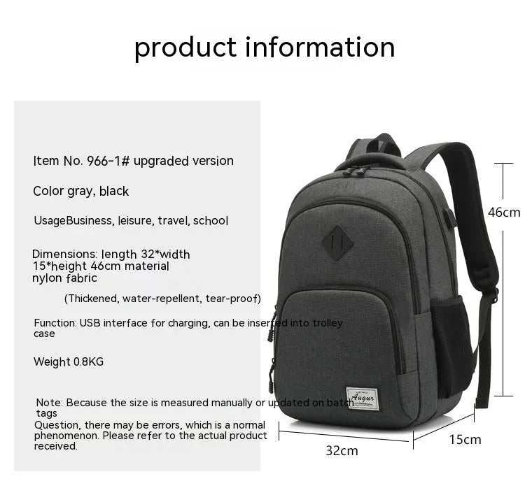 Nylon backpack with USB charging port in black colour showing dimensions and trolley strap