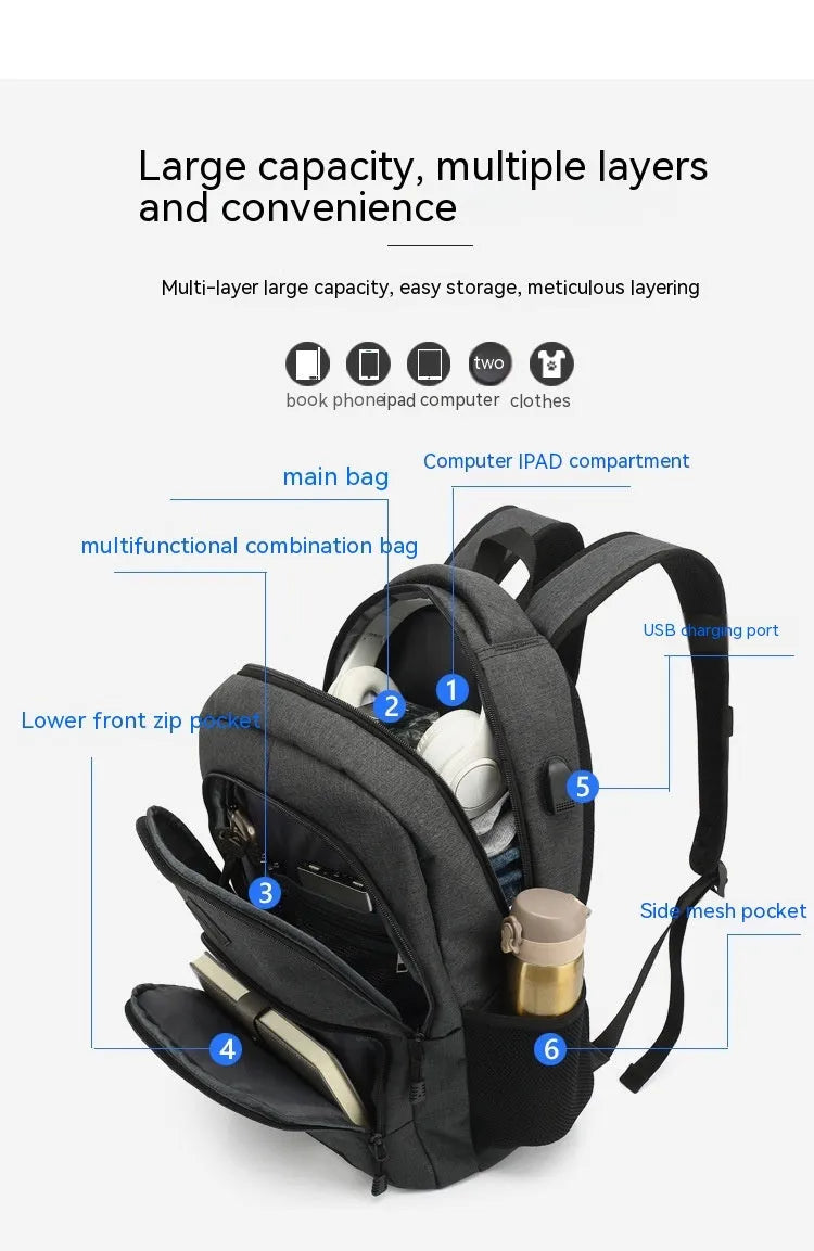 Nylon backpack with USB charging port in black colour showing dimensions and trolley strap