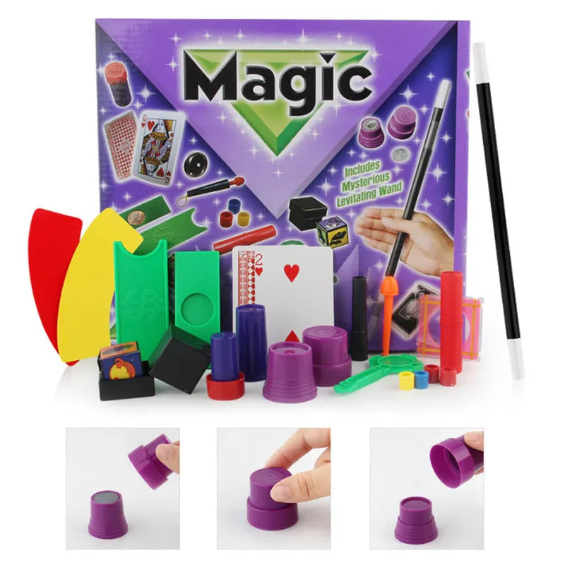 Purple and red plastic magic wand toy set for children aged 3-7 in cardboard packaging.