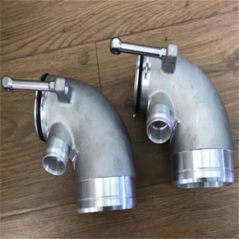 Aluminium alloy 90 degree turbo turbine elbow for lateral engine positioning automotive application