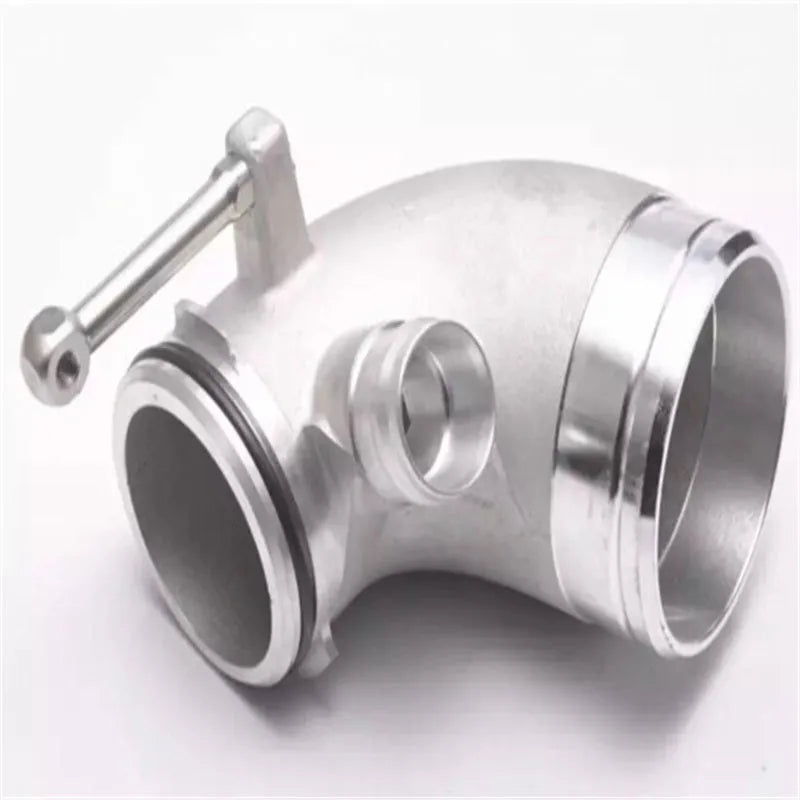 Aluminium alloy 90 degree turbo turbine elbow for lateral engine positioning automotive application