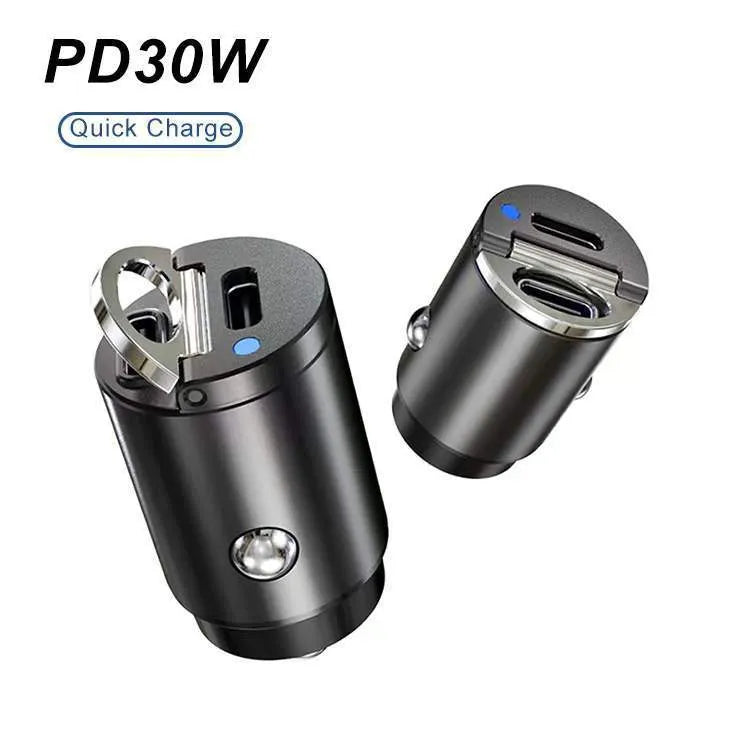 Black zinc alloy 30W USB-C car charger for cigarette lighter socket