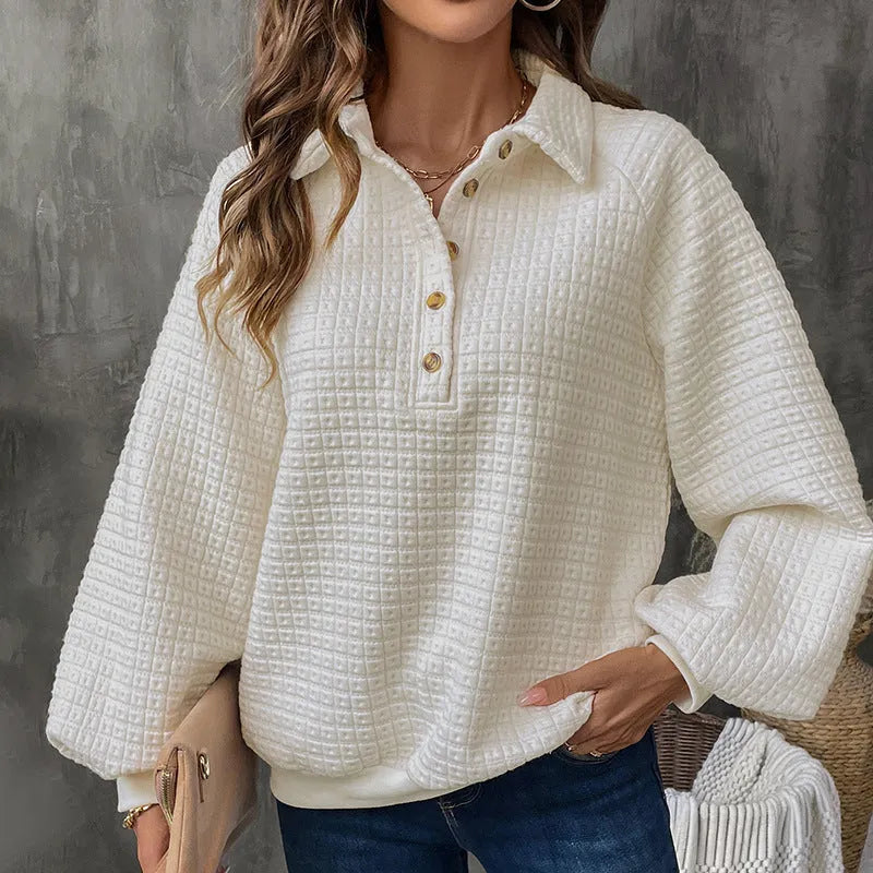 Women's textured polo collar thickened sweater in solid milky white colour