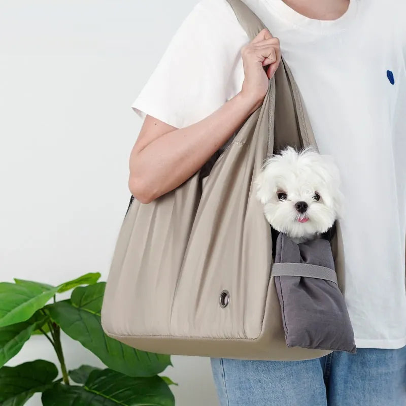 Apricot cloth pet carrier bag measuring 41x16x28cm with handbag-style design