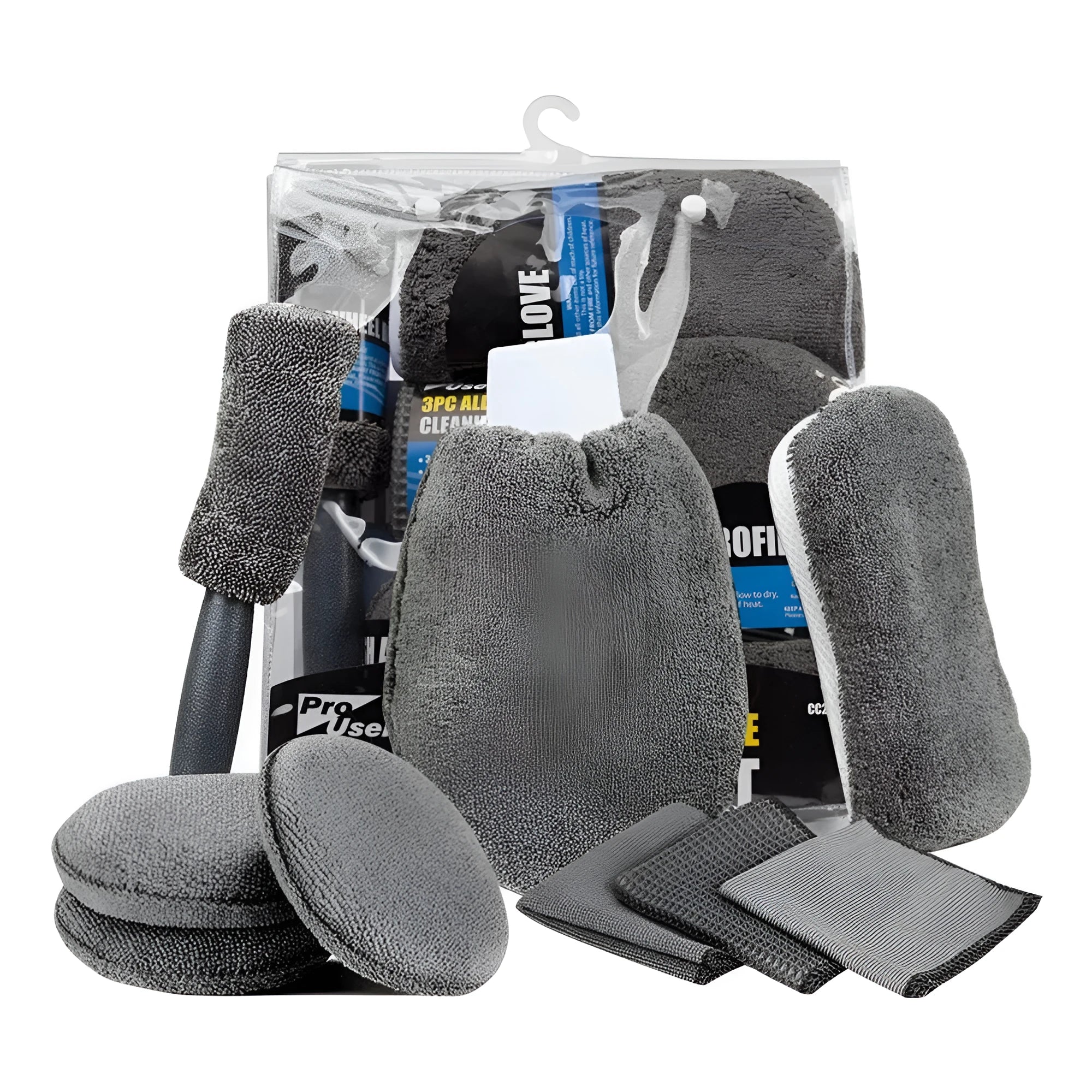 9-piece grey microfiber car wash cleaning set with gloves, sponge, brush, wipes and towels