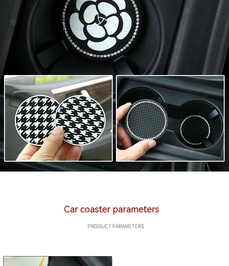 Universal car cup holder mat in PVC plastic with non-slip surface showing four pattern options
