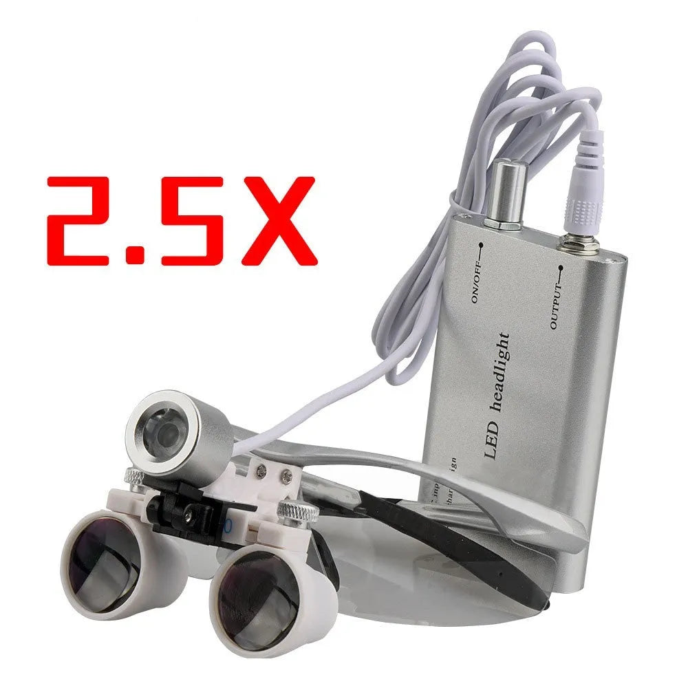 Black head-mounted magnifying glasses with LED headlight for dental inspection work