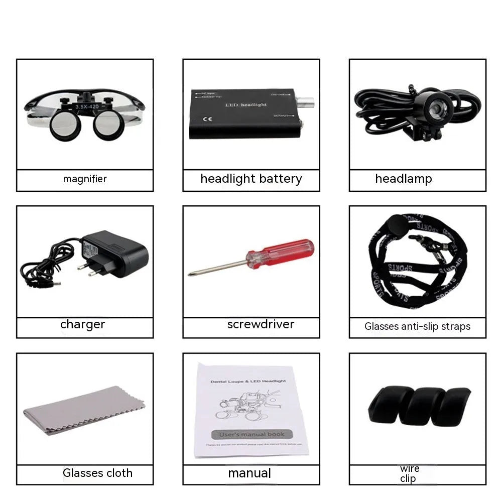 Black head-mounted magnifying glasses with LED headlight for dental inspection work