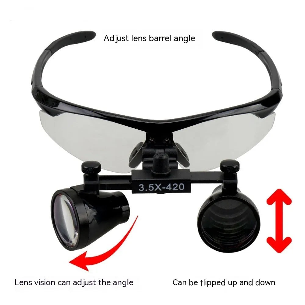 Black head-mounted magnifying glasses with LED headlight for dental inspection work