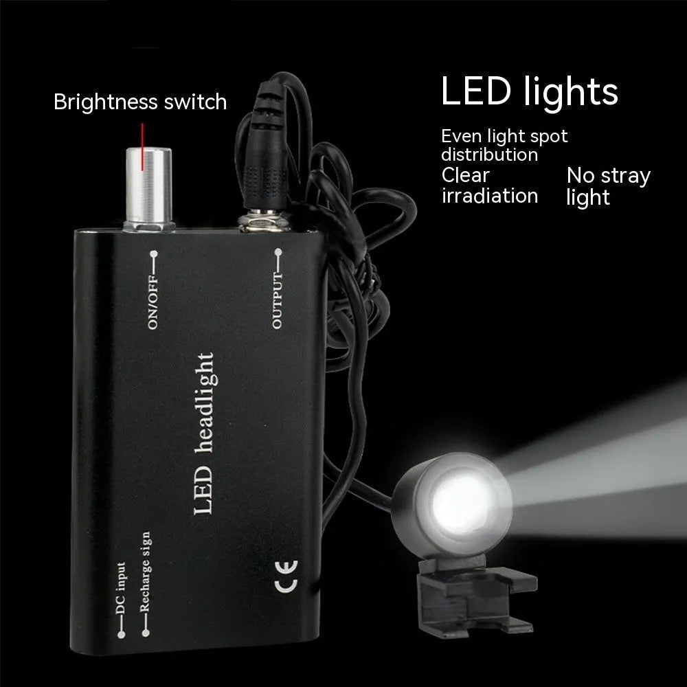 Black head-mounted magnifying glasses with LED headlight for dental inspection work