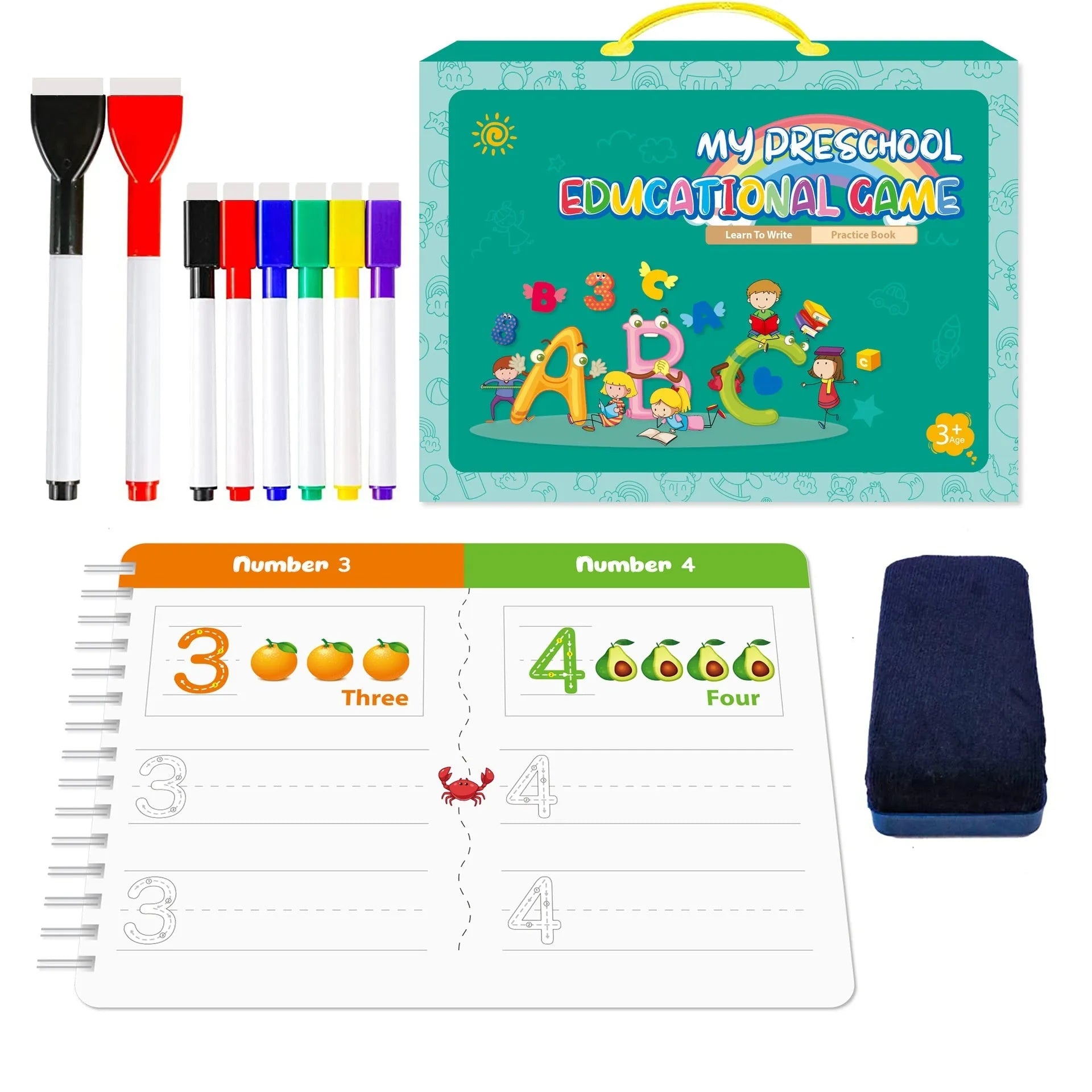 Montessori children's handwriting practice book set with erasable pens, reward stickers and storage bag in gift box