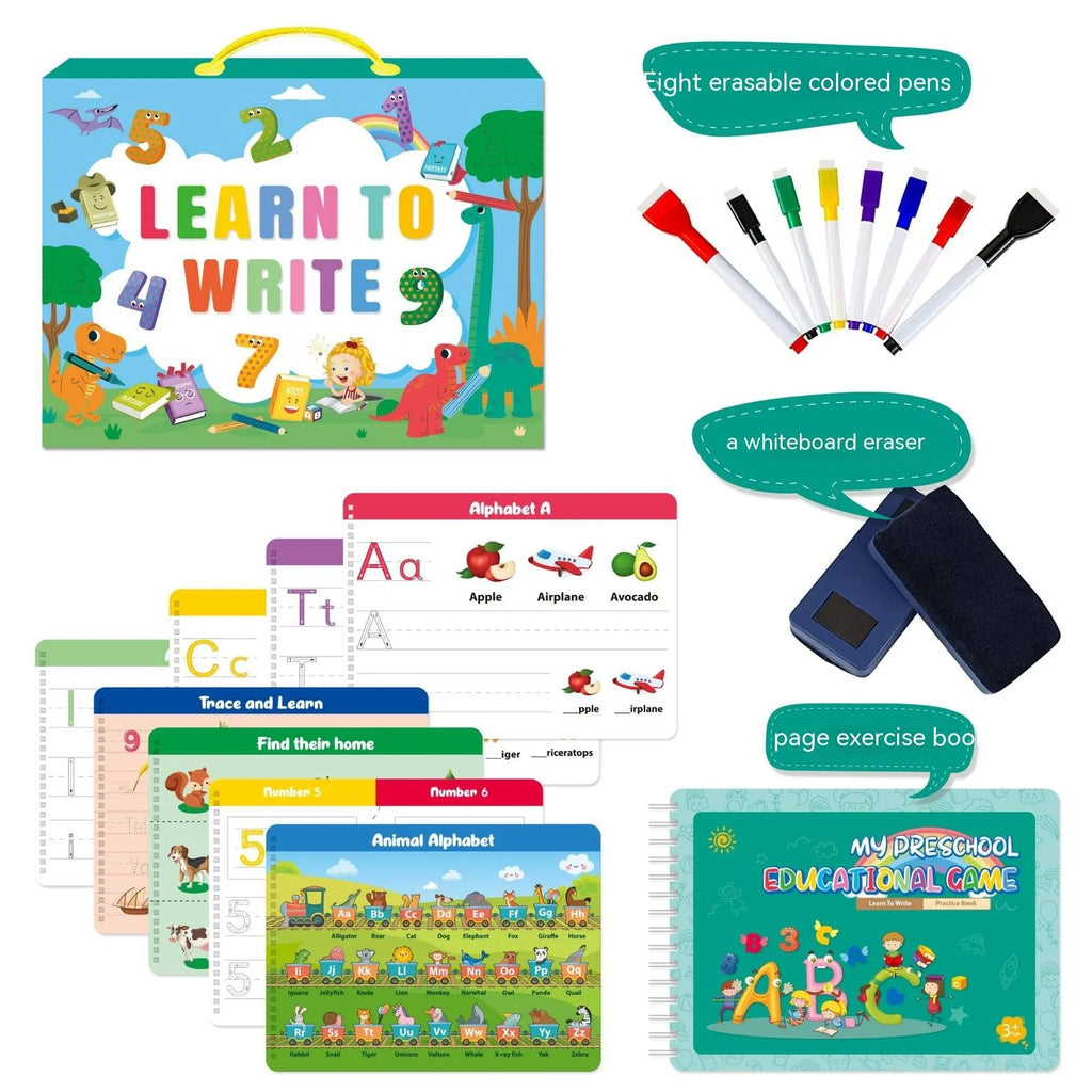 Montessori children's handwriting practice book set with erasable pens, reward stickers and storage bag in gift box