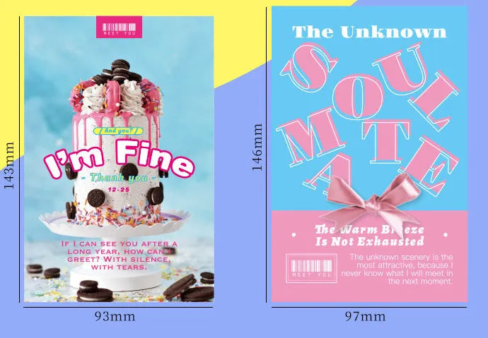 Set of two creative printed postcards with 'Fresh' and 'Time Not Arrived, Warm Wind Not Exhausted' designs.