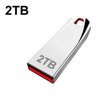 Silver metal USB disk with 2TB capacity and USB 2.0 connector.