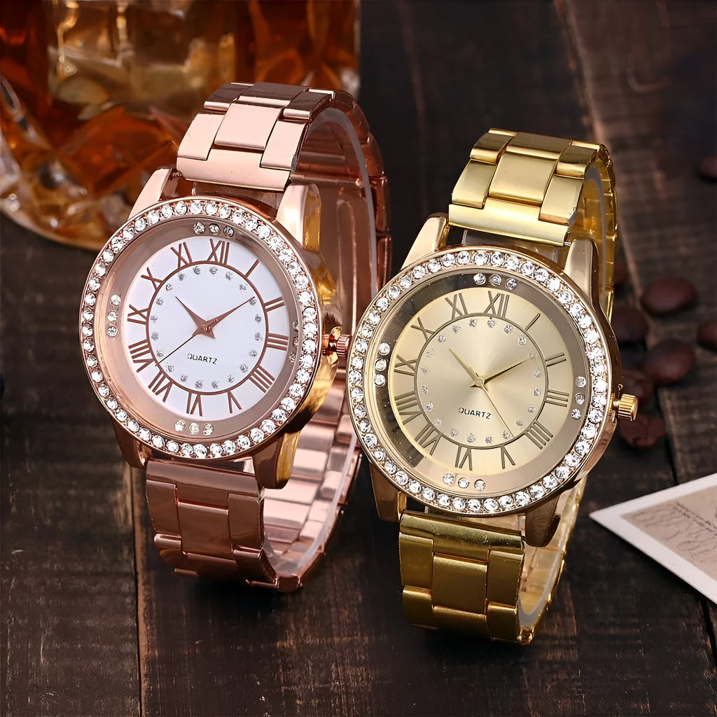 Vansvar women's rose gold quartz wristwatch with round stainless steel case and glass dial