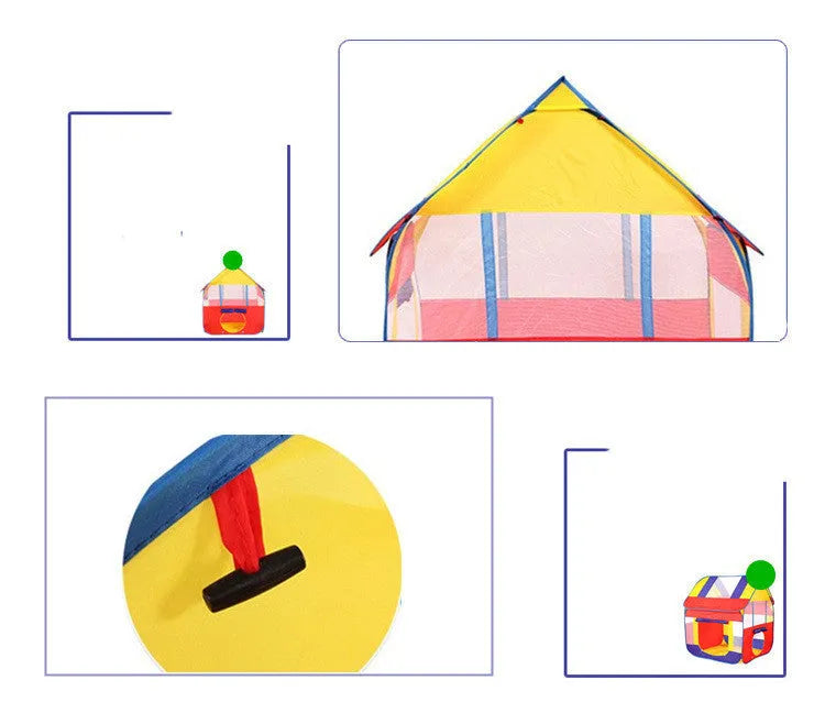 Large blue outdoor children's play tent in a garden with roll-up curtain.