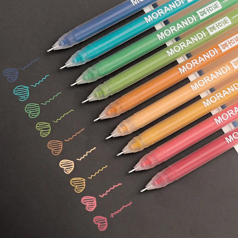 Set of nine retro colour gel pens with 0.5mm needle tips arranged in a row