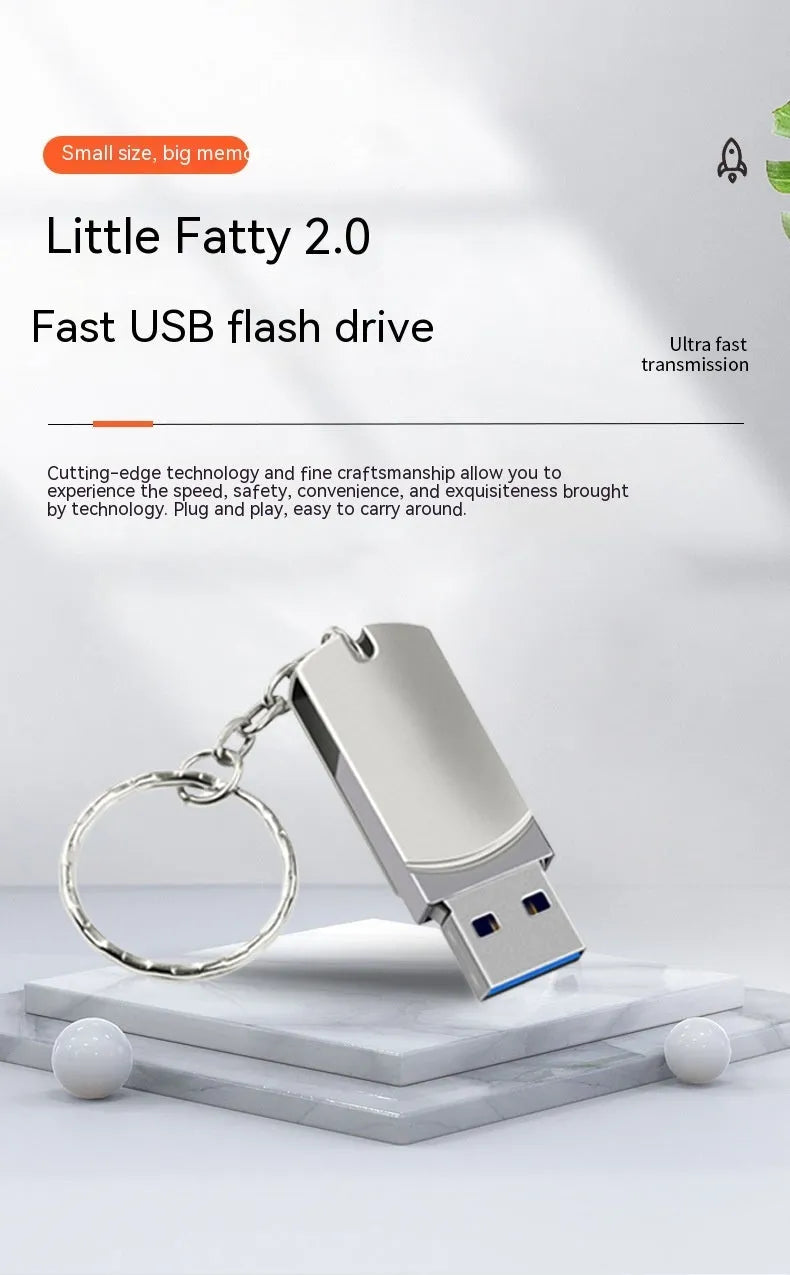 Small white metal rotating USB flash drive showing dimensions and connector