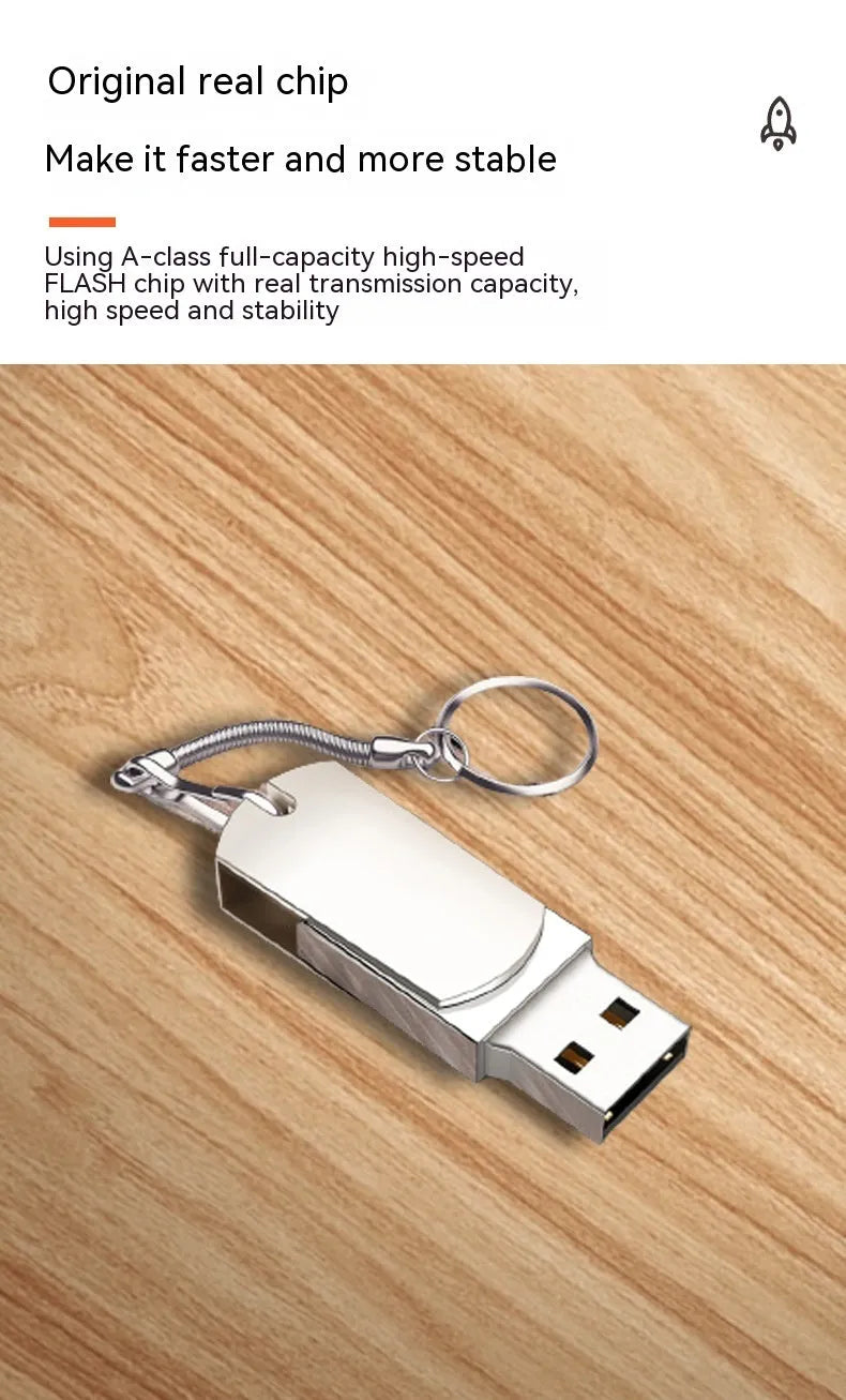 Small white metal rotating USB flash drive showing dimensions and connector