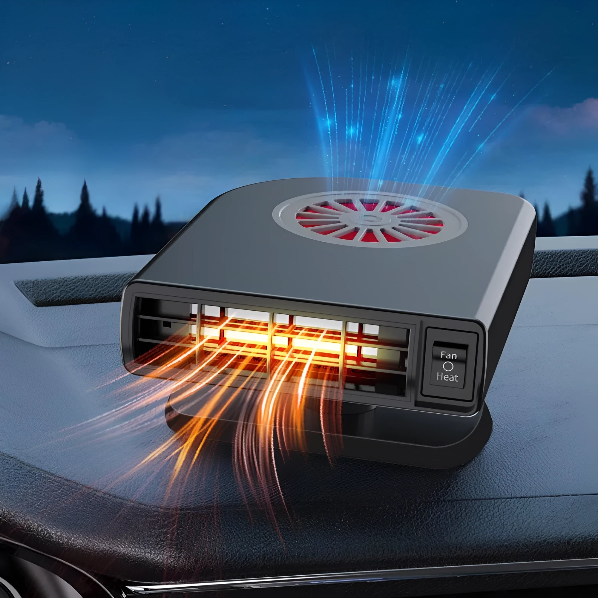 Black 12V vehicle-mounted heater with adjustable mount on a car dashboard.