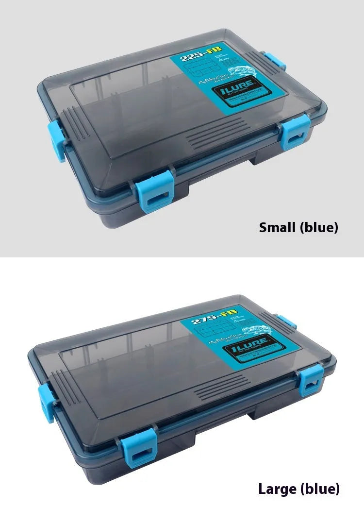 Blue plastic fishing lure storage box with compartments, shown next to a green box of the same design.