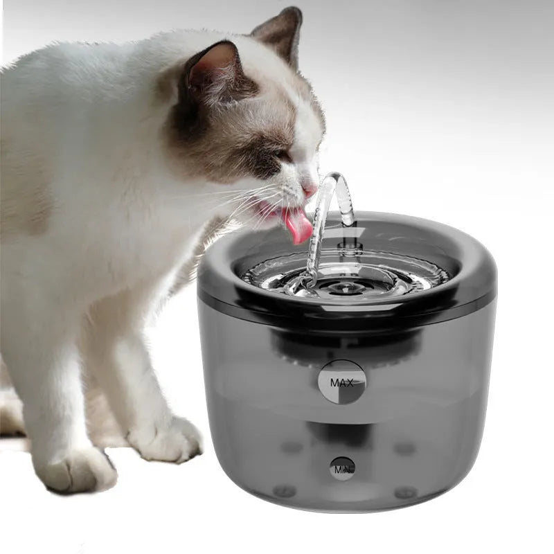 Grey automatic pet water fountain with USB cable and circulating water display