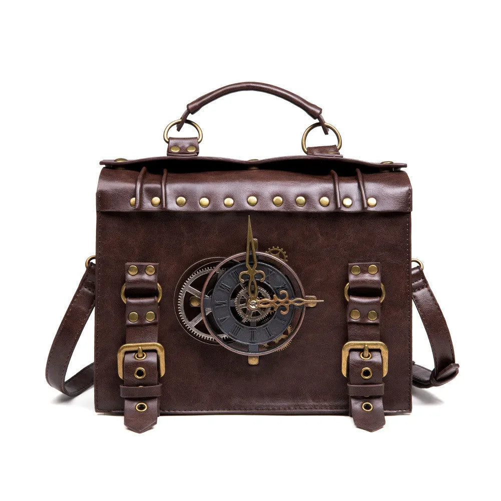Bronze steampunk industrial retro style shoulder bag with metal hardware and pillow shape