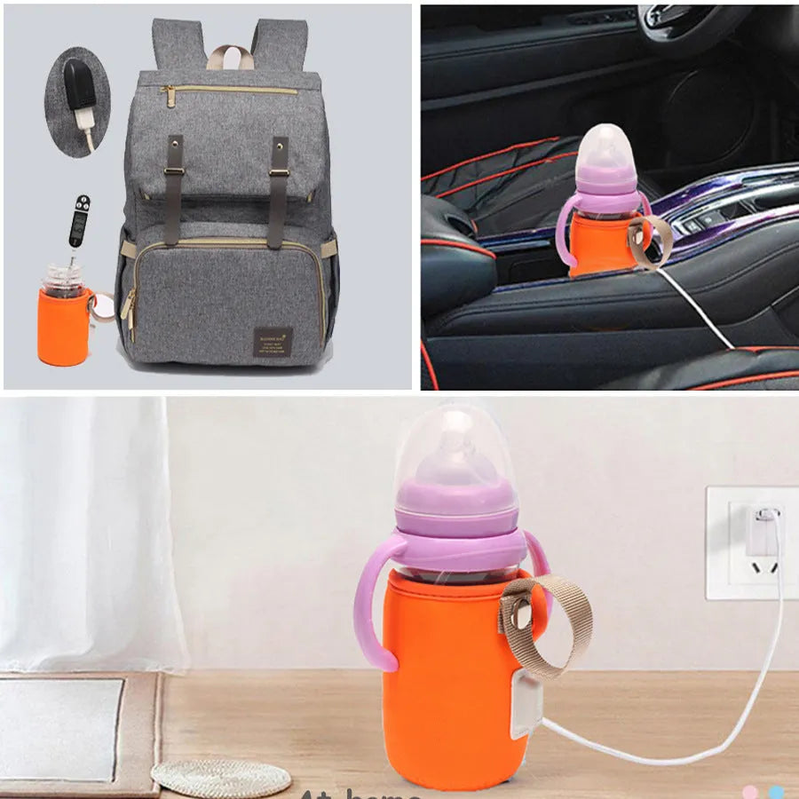 Blue USB baby bottle warmer showing cotton sleeve and power connection for milk feeding