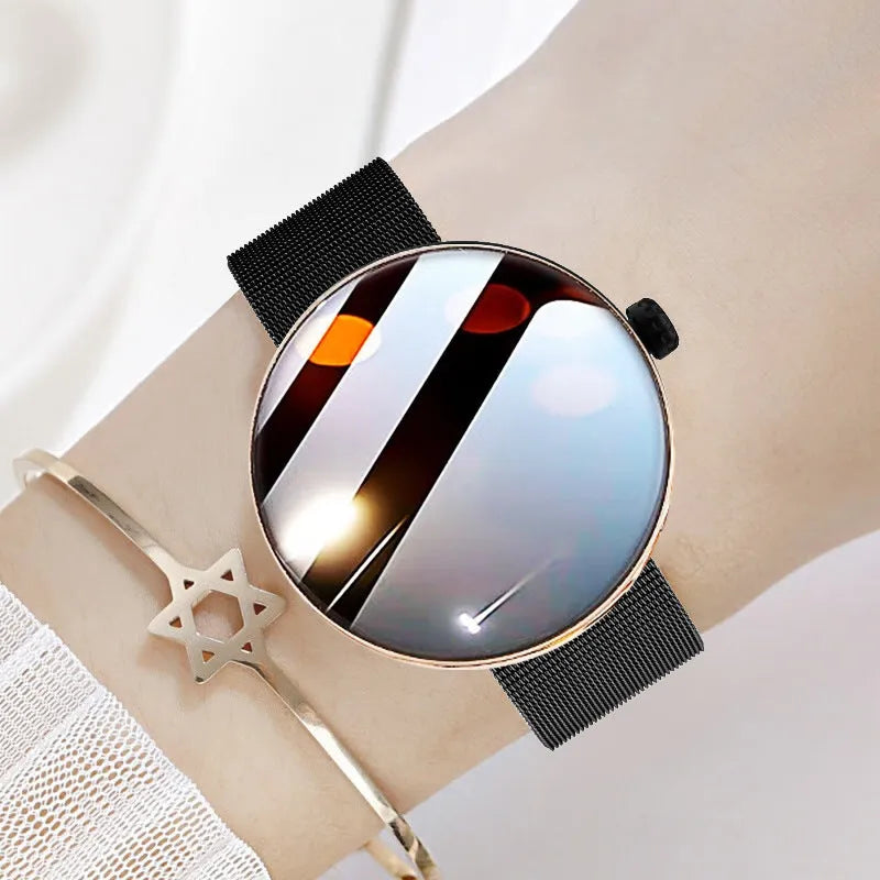 Women's smart watch with circular colour screen and metal strap on wrist